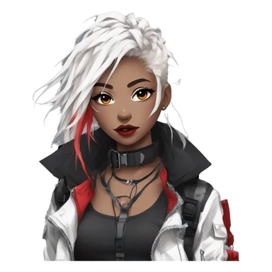 Gorgeous techwear anime style lady with blushing face aesthetic and pretty edgy black red white punk messy hair with collar and harness trending style sticker