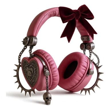 Add spiked hoops, a dangling skull charm, and a velvet ribbon to the realistic pink gothic headphones with heart-shaped ear cups, metallic chains, and gothic engravings. Keep the background transparent. Maintain the realistic pink gothic style with metallic and velvet textures. sticker