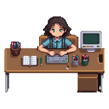 student at a desk with a computer and study materials sticker