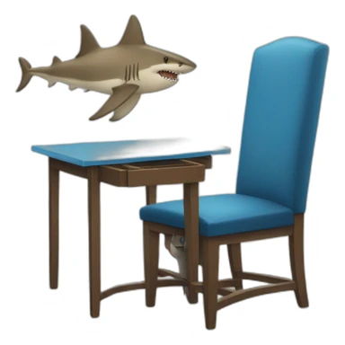 a shark sitting at a chair with a table and a blue tie sticker