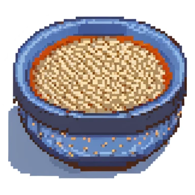 Small ceramic bowl filled with tiny sesame seeds, blue bowl sticker