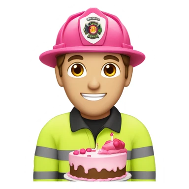 Caucasion male Firefighter with brown hair eating pink birthday cake sticker