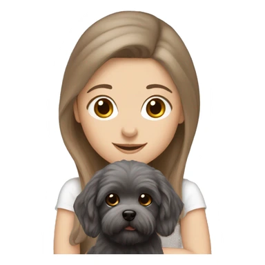 White Girl with brown long straight hair, holding a dark gray maltipoo with a white snout sticker