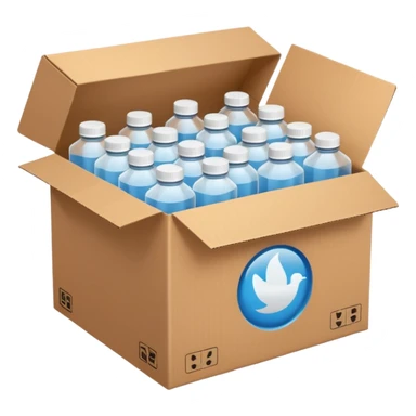 white transparent plastic bottles popping out of a delivery cardboard box sticker