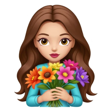 stylish pretty bratz baddie, long brown hair holding big bouet of flowers  sticker