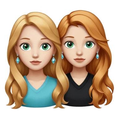 two girls top halfs, one with long wavy strawberry blonde hair and greenish blue eyes, white diamond earrings and wearing white, the other with straight black long hair, brown eyes, silver earrings and wearing black sticker