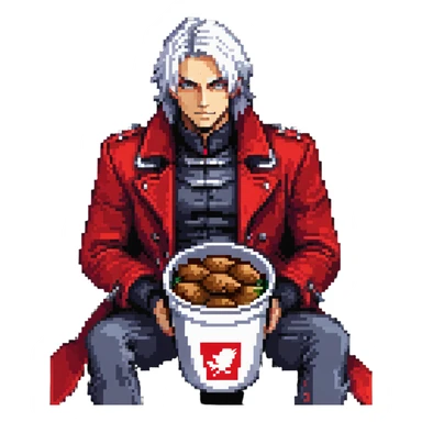 Dante from Devil May Cry sitting in a KFC bucket, red coat, white hair, rebellion sword sticker