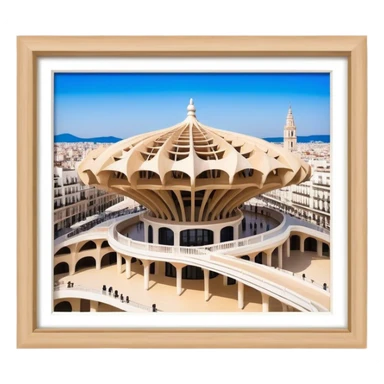 Cinematic Realistic Metropol Parasol Landmark Emoji, depicted with a modern wooden structure set against a vibrant cityscape rendered with detailed textures and dynamic, contemporary lighting. sticker