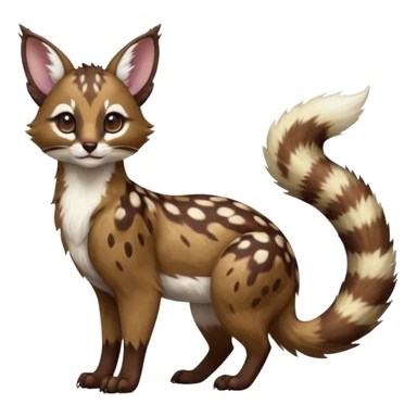 Colorful dark realistic chocolate-brown tropical beige fur glorious divine exotic cute cool beautiful shiny beautiful fantasy-Furret-Eevee-caracal-civet-genet-sergal-vernid-Cacomistle-oncilla-animal-Fakémon-hybrid-fursona with white deer-spots pattern markings (full body) sticker