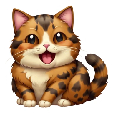 Cinematic Cute Yawning Tortoiseshell Cat Portrait Emoji, Head slightly tilted with a wide, adorable yawn and half-closed, dreamy eyes, featuring a warm, mottled fur of rich browns and blacks, simplified yet irresistibly cute, highly detailed, glowing with a soft, slumbering radiance, high shine, exuding a relaxed, drowsy charm, styled with a gentle, soft glowing outline, capturing the essence of a tortoiseshell cat in a precious moment of sleepy delight! sticker