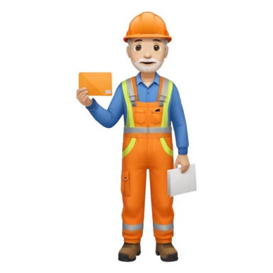 older engineer hi-vis orange overalls standing full body holding a card sticker
