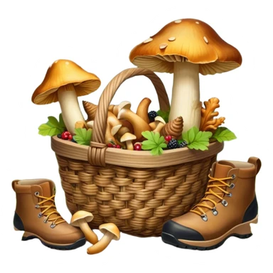 Icon for Mushroom and Berry Tourism: a basket filled with mushrooms chanterelles, boletus and aspen and berries, surrounded by forest elements like trees, leaves and a hiking boots. The icon should capture the joy of foraging in nature. Transparent background. sticker