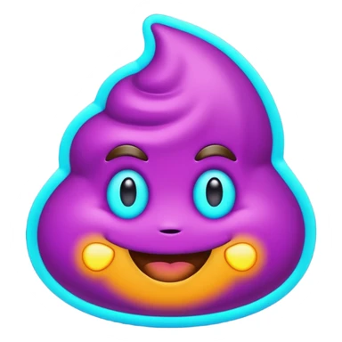 futuristic glowing poop emoji with funny smiling face, purple and cyan neon glow, dark background sticker