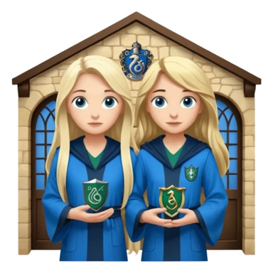 a pretty ravenclaw girl with long dark brown hair and blue eyes standing with a pretty Slytherin girl with long blonde hair, blue eyes sticker