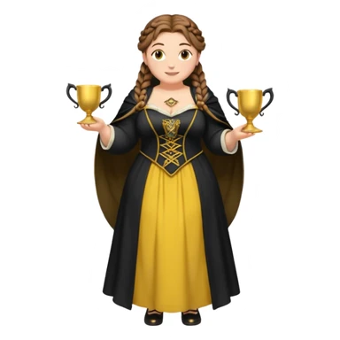 Helga Hufflepuff,brown-haired,2 braids,yellow-black medieval open dress,deep neckline,fat macromastia,black cloak decorated with gold braiding,gold cup with two handles,very kind smile,curvy busty sweet woman,round rosy cheeks,full length with medieval shoes sticker