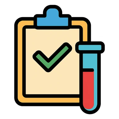 business-friendly icon for diagnostic lab approval workflow, showing a clipboard with a checkmark and test tube, modern and simple design sticker