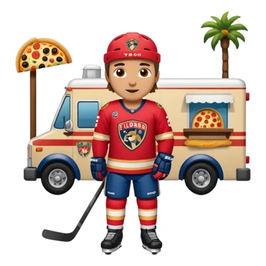 The galaxy with a with a Florida Panthers player
With a taco truck and a pizza truck with a house
With a museum behind it that has football players sticker