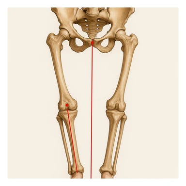Hyperrealistic anatomical illustration 4K, rear view, 1:1 proportion, varus knee (bow-legged) seen from the front, pelvis bones, femur, tibia, and fibula clearly highlighted, red mechanical axis line, realistic details, medical style, neutral background. sticker