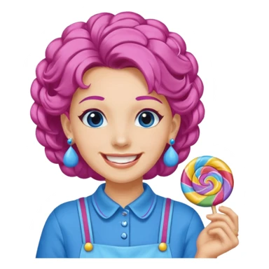 candy shop vendor, looking like candy with candy earrings and candy hair with big smile and blue sticker