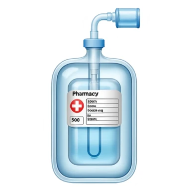 Hospital Intravenous fluid bag that has 1 port on the left side, 1 port on the right side, and is filled with 500ml, pharmacy label sticker