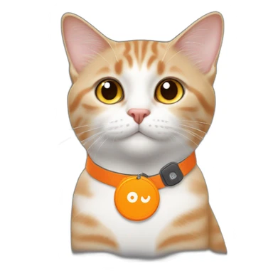 giner cat with orange colored neckband and an airtag sticker
