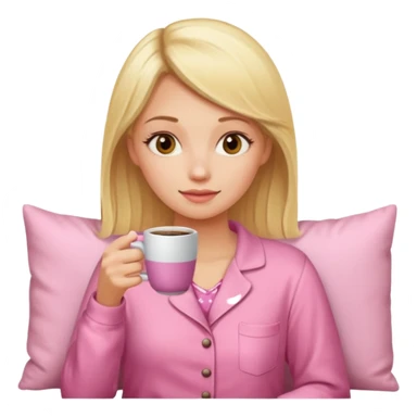 A blonde woman in pink pajamas wakes up to drink coffee. sticker