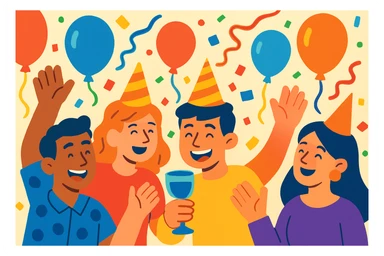 festive party scene with confetti and balloons, vibrant cartoon style sticker