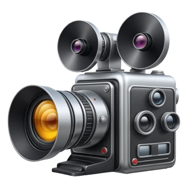 Minimal emoji icon of a huge cinematic metalic camera, front view, realistic lens, no gold sticker