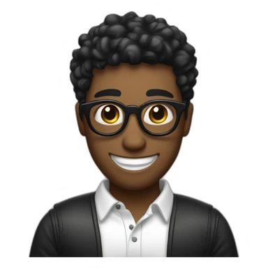 un chico con pelo negro con lentes negros y sonriendo que lleve un polo blanco y una chauqeta de color negro  sticker