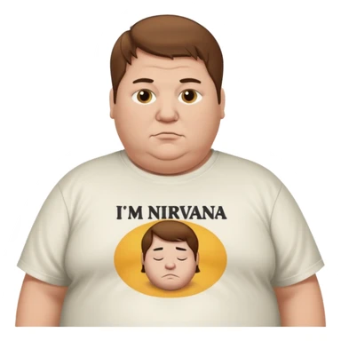 A obese man with brown hair and a nirvana shirt saying “im nolan” sticker