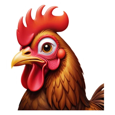 Cinematic Comical Brown Rooster Portrait Emoji, Head tilted dramatically with an exaggeratedly amused expression, featuring a striking, glossy brown plumage with a bold red comb, wide, expressive warm eyes filled with playful disbelief, Simplified yet hilariously expressive features, highly detailed, glowing with a slightly sassy glow, high shine, dramatic yet playful, stylized with an air of cheeky mischief, bright and endearing, soft glowing outline, capturing the essence of a spirited and over-the-top rooster, so meme-worthy it feels like it could crow its way into internet fame instantly! sticker
