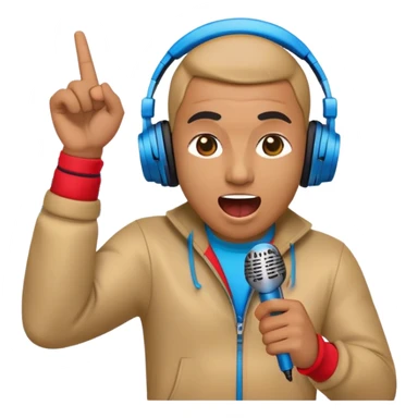 Create a dynamic and energetic emoji that represents beatboxing. The design should feature a microphone with soundwaves or rhythmic beats emanating from it, symbolizing the vocal percussion and rhythm of beatboxing. Add subtle elements like headphones or a beat pattern to reflect the technicality and creativity involved. Use bold, vibrant colors like neon blue, red, and yellow to convey the energy and street culture of beatboxing. The background should be transparent. sticker