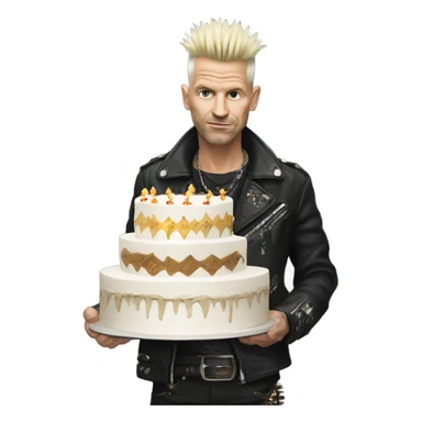 White male Punk with mohican holding 60 year birthday old cake sticker