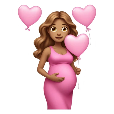 Brown pregnant lady, with Long Light Brown hair and blue eyes. She is wearing a tight pink dress and a bow,  standing and holding two pink heart balloons. sticker
