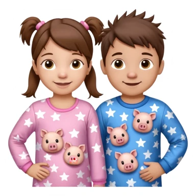 A toddler girl with brown hair with two pig tails, wearing pink pajamas with white stars on them. With a 4 year old boy with spikey brown hair, wearing blue pajamas with white stars on them. Both light skin and smiling. Both with a mix of big and small white stars on the pajamas  sticker