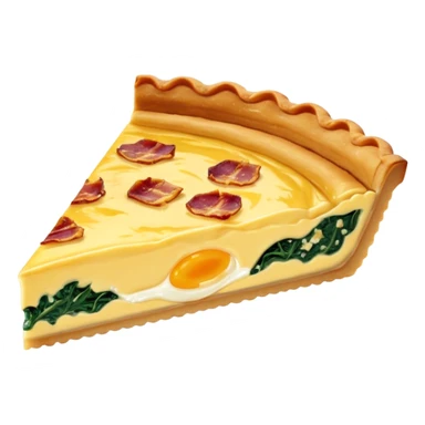 single slice of golden-brown quiche with visible flaky crust, creamy egg filling, toppings like bacon bits, cheese, or spinach, surface lightly puffed and glossy, slightly browned edges, smooth custardy texture inside, soft lighting, subtle shadows, emoji scale sticker