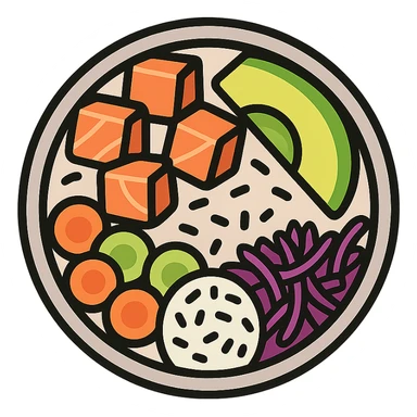 top-down view of salmon poke bowl with fresh salmon cubes, avocado, rice, colorful vegetables, appetizing, minimal background, icon style sticker