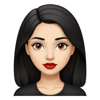 Confident young woman with oval face, elegant features, dark brown eyes, arched eyebrows, red lipstick, light brown skin, long black hair, wearing a black top sticker