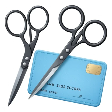 Floating black Scissors cutting a light blue military ID card in 2 parts .hyper realistic sticker