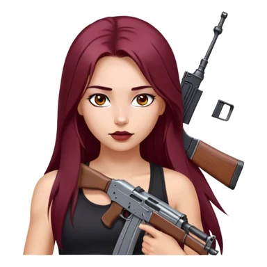 emoji of girl with an ak47 in hand with a black tank top gorgeous girl y2k with maroon dark long hair in a middle part with straight nose hazel eyes medium perfect eye brows with  a nose ring silver on the right nostril  sticker