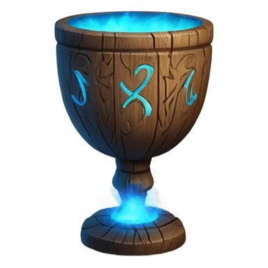 A magical goblet, large and imposing, made of aged wood with intricate carvings and ancient runes along its surface. It emits a bright blue glow, with magical flames dancing inside, symbolizing its power and mystery. sticker
