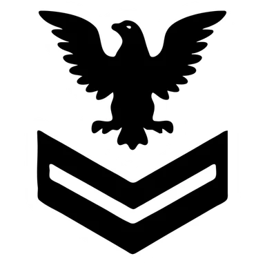 U.S. Navy E-2 insignia, gold eagle perched on a chevron with two gold stripes, blue background, military badge style sticker