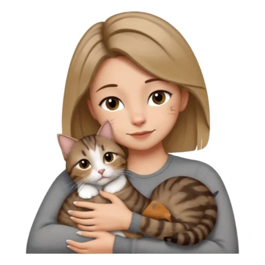 Une femme avec les cheveux dégradée, brun et blond, qui fait un câlin à son chat gris, tigré avec les extrémités que pattes pointe d’oreilles noires et le dessous du menton blanc la fille n’a pas d’oreilles, il n’y a qu’un seul chat sticker