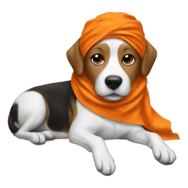 dog laying on a couch, wearing orange bandana sticker