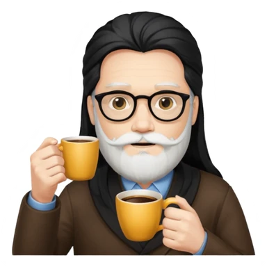 men with white bearded long black hair  with opticals  on holding coffee cup sticker