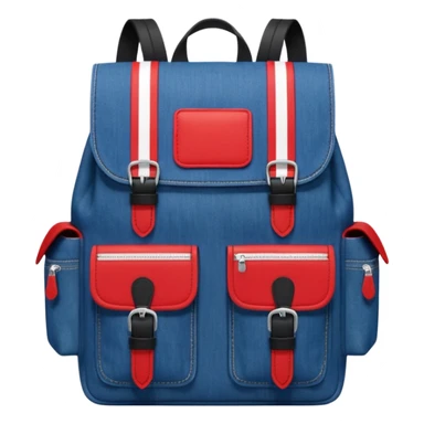 Minimalist emoji-style icon of a stylish blue denim backpack with a flap top, two vertical black buckle straps, a large red-white-navy horizontal block in the center, and two zipper side pockets. Inspired by Tommy Jeans design. Front view, cartoon-like, clean design.

 sticker