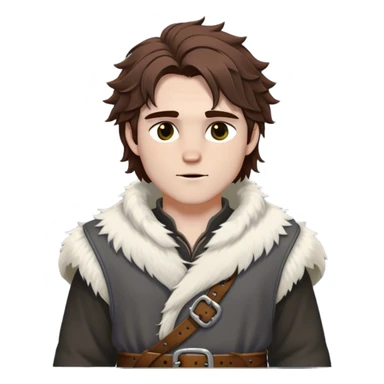 Medieval winter outfit worn by a DnD themed fantasy male character. Heavy slate gray wool tunic with wolf fur trim, featuring carved bone toggles and a wide leather belt with iron buckle. Clothes only above the waist, full waist coverage. The character has no arms. Character is white-skinned with dark copper hair, hazel eyes, and medium-length tousled hair with snow-touched strands. sticker