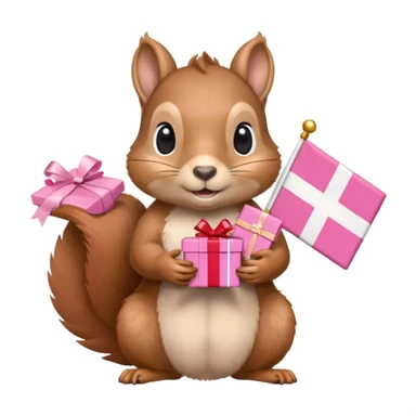a squirrel holding a pink gift box in one hand and a Swiss flag in the other, both objects clearly visible, simple white background, the gift is a different color from the flag sticker