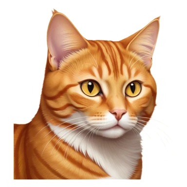 Cinematic Noble Ginger Tabby Cat Portrait Emoji, Poised and regal, with sleek orange-brown fur featuring bold tabby stripes and a distinct M-shaped marking on the forehead, bright amber eyes, Simplified yet sharp and sophisticated features, highly detailed, glowing with a soft, dignified glow, high shine, intelligent and graceful, stylized with an air of elegance, focused and attentive, soft glowing outline, capturing the essence of a watchful and refined feline, so majestic it feels as though it could glide across the screen with effortless confidence! sticker