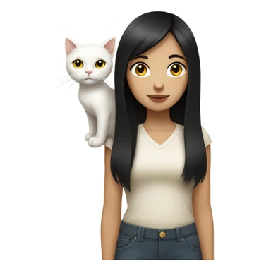 Girl with black straight hair white skin brown eyes holding white cat with yellow eyes sticker